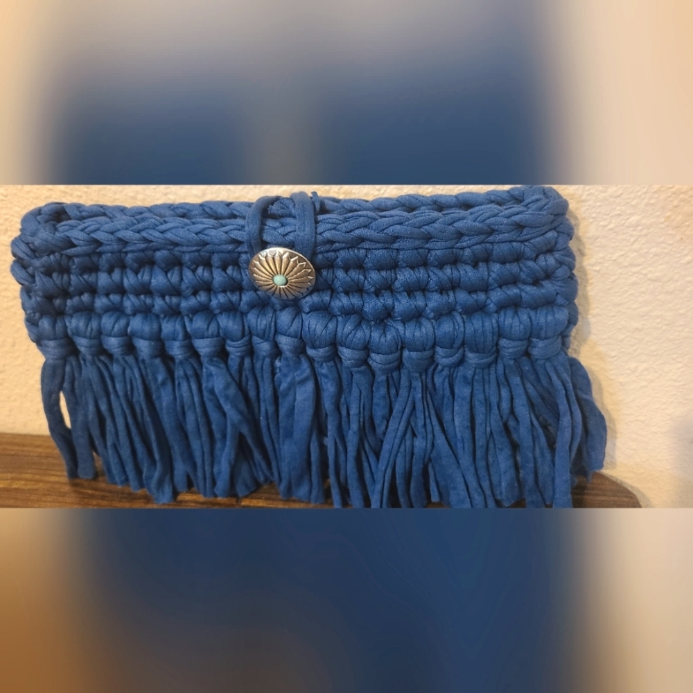 country beautiful crochet clutch purse hand bag royal blue
